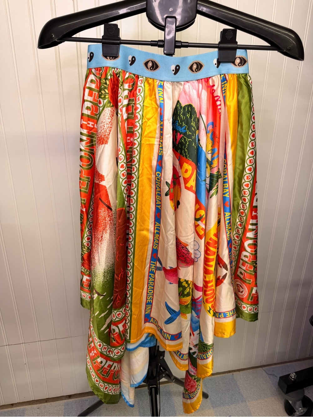 Bright Multicolor Printed Midi Skirt with Blue Waistband